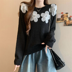 批发实拍实价 新版韩风设计感宽松立体花朵针织衫短款毛衣