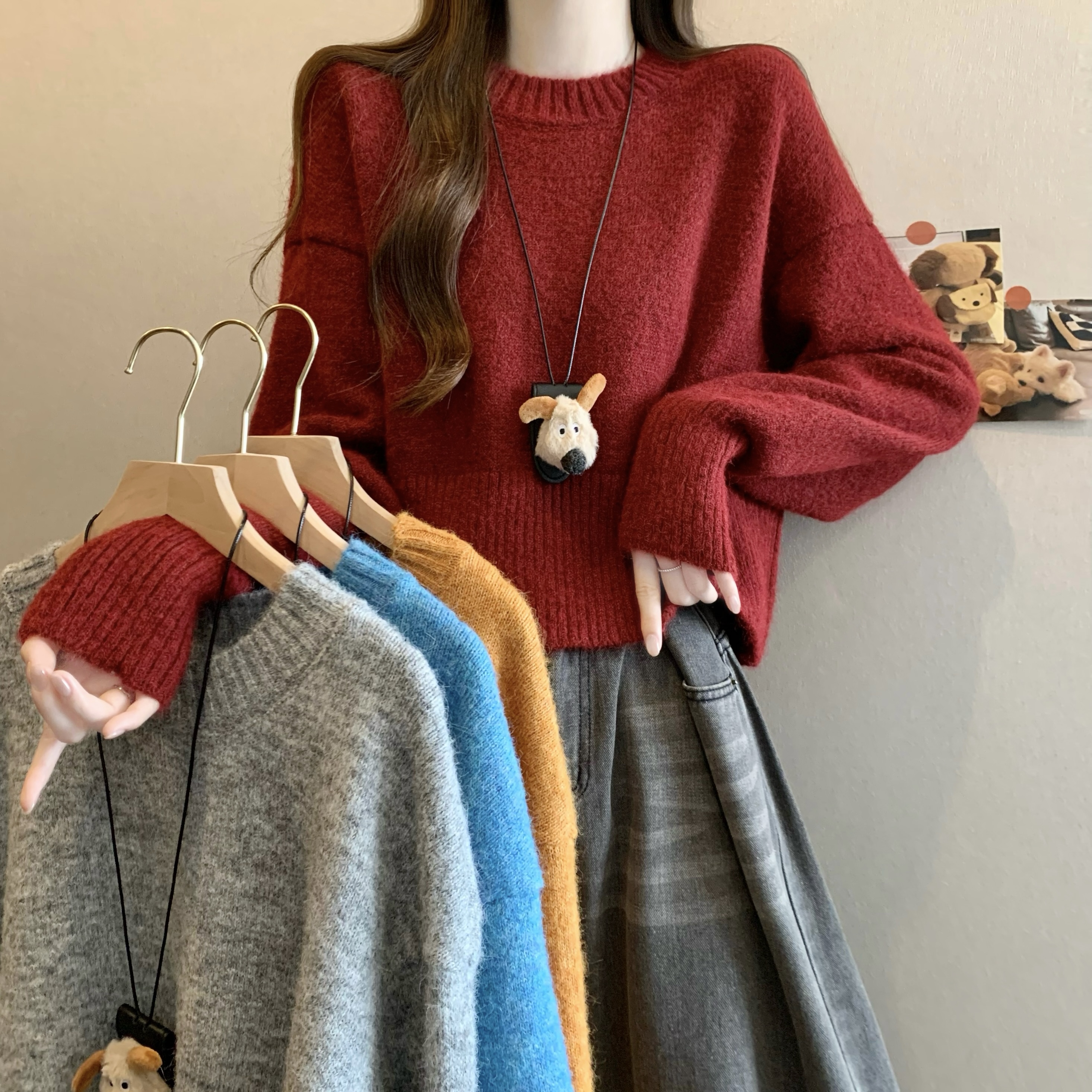 MY14809# 新版韩风设计感纯色圆领针织短款毛衣女裝貨源服裝批發