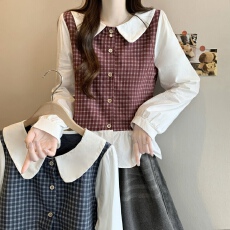 批发<b class='q'>实拍</b>实价 新版韩风设计感拼色格子拼接木耳边上衣<b class='q'>衬衫</b>