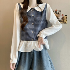 批发<b class='q'>实拍</b>实价 新版韩风设计感拼色格子拼接木耳边上衣<b class='q'>衬衫</b>
