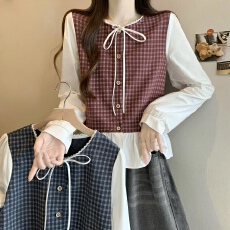 批发实拍实价 新版韩风设计感拼色格子拼接木耳边上衣<b class='q'>衬衫</b>