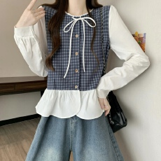 批发实拍实价 新版韩风设计感拼色格子拼接木耳边上衣<b class='q'>衬衫</b>