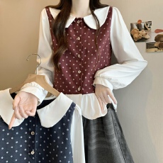 批发实拍实价 新版韩风设计感拼色小花点木耳边上衣<b class='q'>衬衫</b>