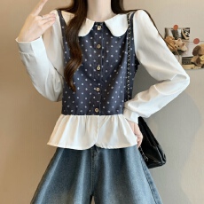 批发实拍实价 新版韩风设计感拼色小花点木耳边上衣<b class='q'>衬衫</b>