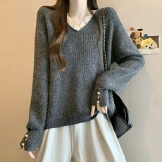 批发实拍实价 新版韩风设计感蕾丝花边针织套头毛衣