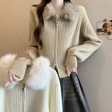 批发实拍实价 新版韩风设计感水貂毛拼接毛衣短款开衫外套