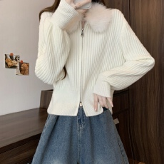 批发实拍实价 新版韩风设计感水貂毛拼接毛衣短款开衫外套