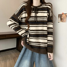 批发实拍实价 新版韩风设计感宽松拼色条纹宽松针织毛衣