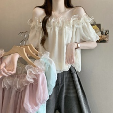 批发实拍实价 新版韩风设计感一字肩花边网纱短款上衣