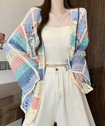 실사 정가 새 버전 한 바람 디자인 센스 민족 스타일 자수 자수 홀로우 아웃 자외선 차단 오픈 가디건
