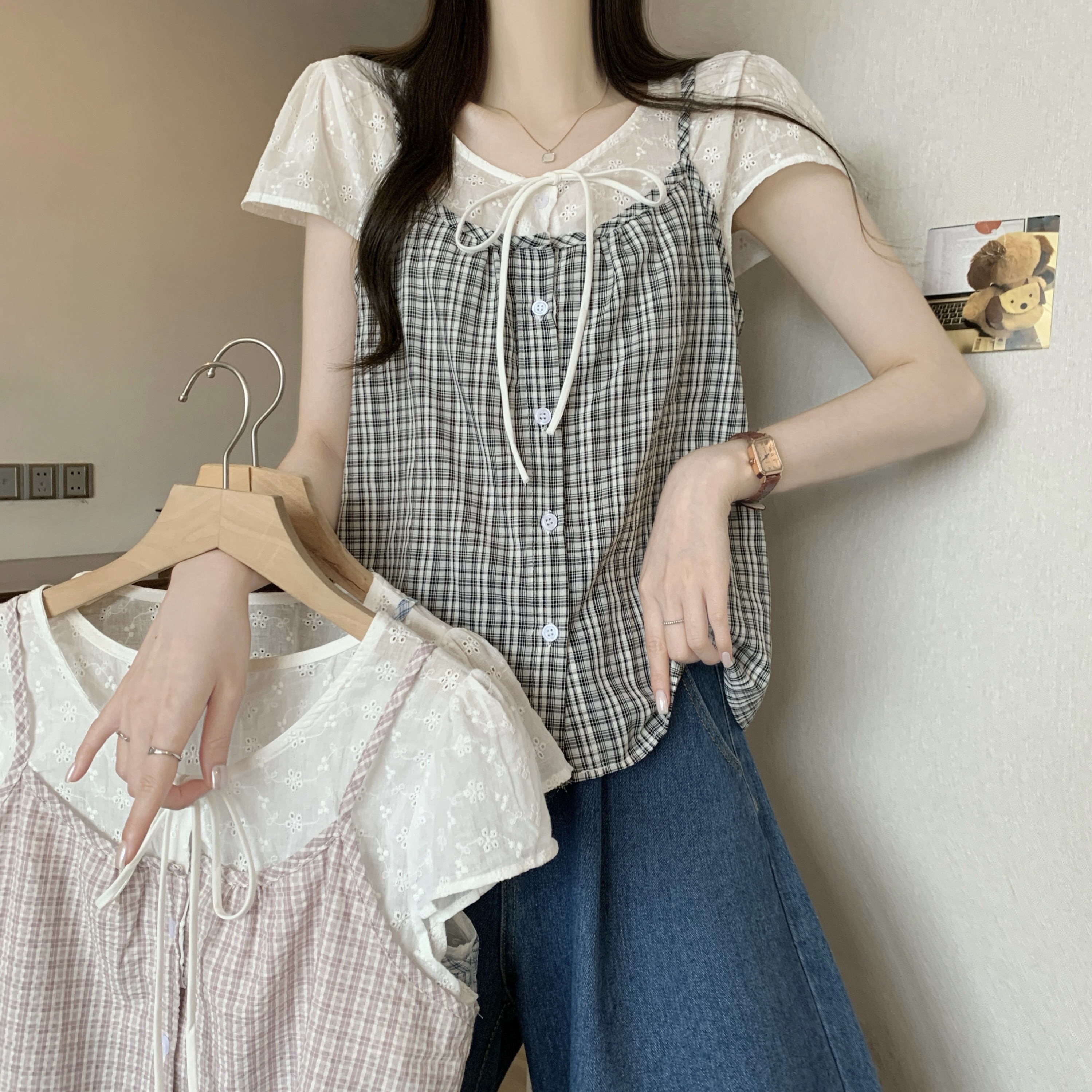 실사 정가 새 버전 한 바람 디자인 센스 체크무늬 패치워크 색상 레이스업 페이크 레이어드 맨위