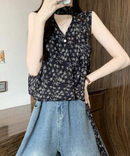 실사 정가 새 버전 한 바람 디자인 센스 리본 민소매 꽃무늬 인형 셔츠
