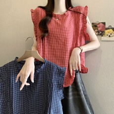 批发实拍实价 新版韩风设计感格子飞飞袖衬衫娃娃衫上衣