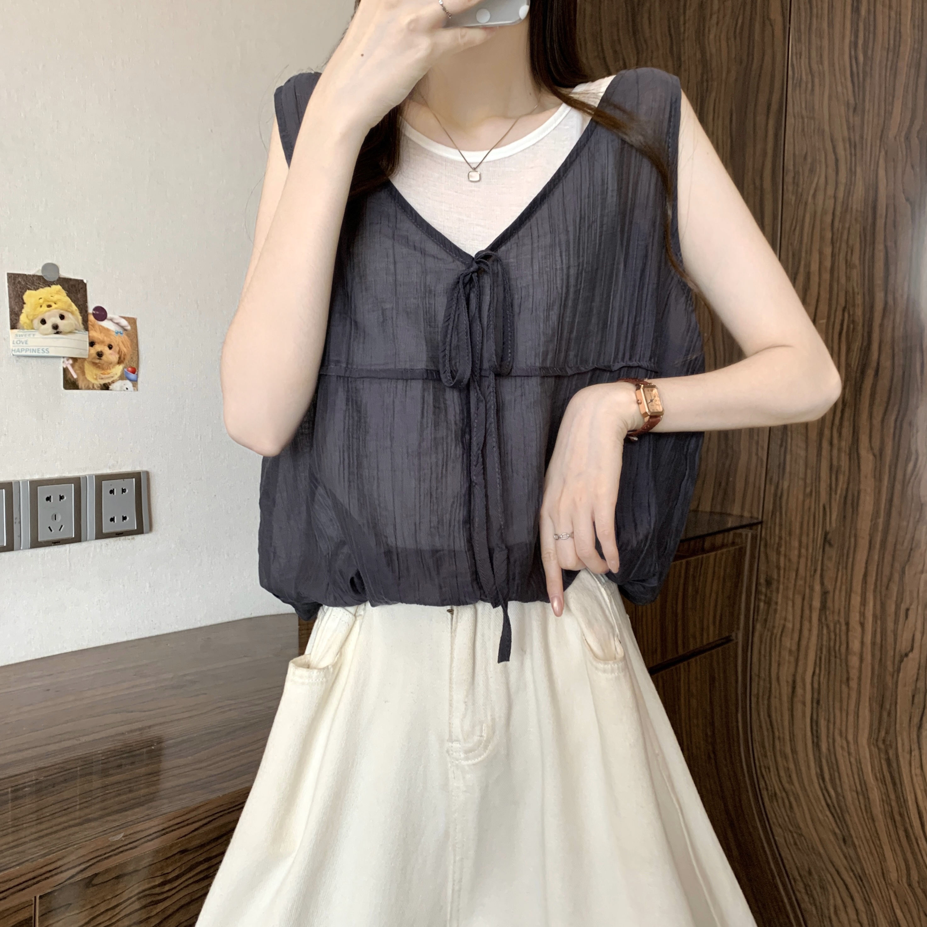 BY27298# 新版韩风设计感假两件系带无袖衬衫上衣 服裝批發女裝批發服飾貨源
