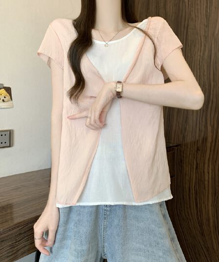실사 정가 새 버전 한 바람 디자인 센스 배색 비틀림 페이크 레이어드 반팔 티셔츠 맨위