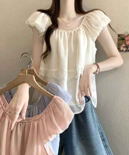 실사 정가 새 버전 한 바람 디자인 센스 작은 정사각형 칼라 패치워크 작은 날다 소매 셔츠 맨위