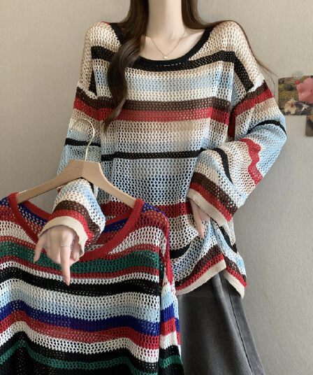 실사 정가 새 버전 한 바람 디자인 센스 도파민 맨위 패치워크 색상 외부 가져 가라. 자외선 차단 니트 스웨터