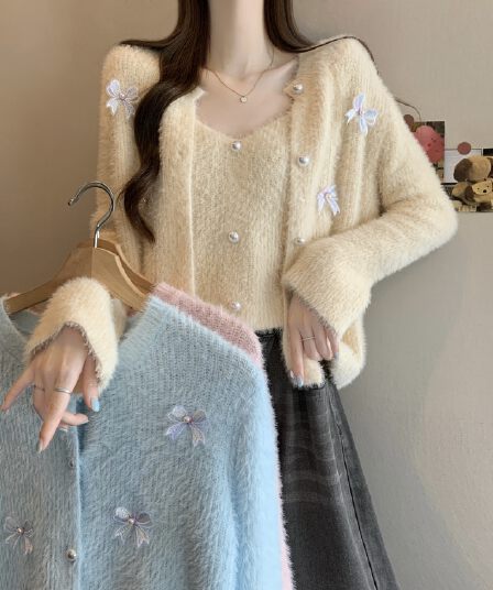 실사 정가 새 버전 한 바람 디자인 센스 품격 니트 나비 오픈 가디건 인사이드 가져 가라. 비즈 박기 투피스 조끼