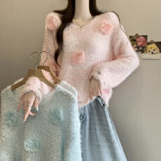 批发实拍实价 新版韩风设计感立体<b class='q'>花朵</b>慵懒风宽松毛衣