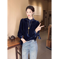 批发【诗诗同款】高端女士<b class='q'>真丝</b>丝绒新中式上衣秋冬年轻款桑蚕丝<b class='q'>衬衫</b>