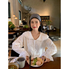 批发今屿花花 法式白色<b class='q'>衬衫</b>女上衣2025新款春秋<b class='q'>娃娃领</b>长袖蕾丝镂空