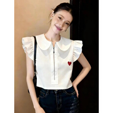 批发设计感娃娃领爱心<b class='q'>刺绣</b><b class='q'>衬衫</b>女2026年春季拉链短款显瘦减龄上衣百搭