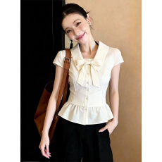 批发韩系通勤蝴蝶结修身短袖衬衫2026<b class='q'>夏</b>季新款甜美显白减龄收腰上衣