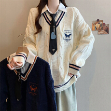 批发实拍 新款秋<b class='q'>冬</b>英伦学院风V领毛衣甜美时尚长袖带领带衬衫假两件
