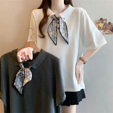 批发实拍 高级感POLO领丝巾短袖夏季新款冰丝针织T恤设计感减龄上衣