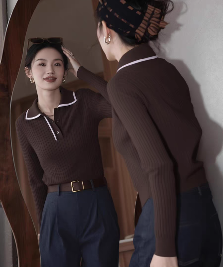 한 부서 레트로 커피 색상 POLO 칼라 구덩이 기사 니트 스웨터 2026 가을 새로운 패션 다용도 긴팔 만나는 맨위