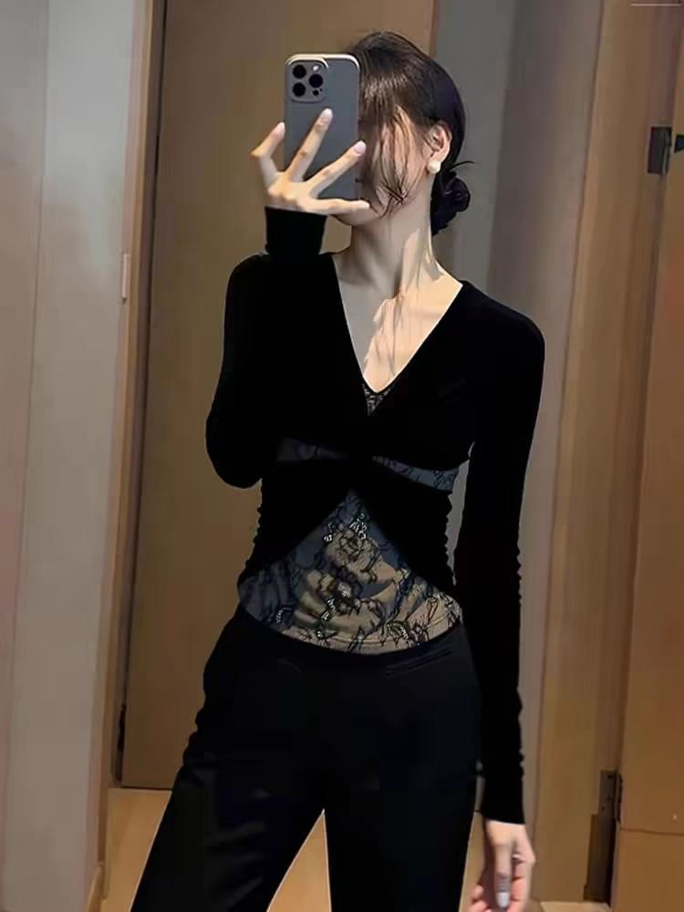 섹시함 달콤한 핫걸 검정색 레이스 조각 기본 셔츠 여성 인사이드 가져 가라. 가을 겨울철 몸매 가꾸기 벨벳 긴팔 V넥 맨위