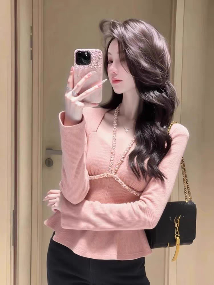 프랑스식 부드러운 바람 핑크색 광장 칼라 쇄골 긴팔 기본 셔츠 여성 봄 몸매 가꾸기 슬림해 보이는 고급 센스 아름다운 맨위