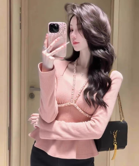 프랑스식 부드러운 바람 핑크색 광장 칼라 쇄골 긴팔 기본 셔츠 여성 가을 몸매 가꾸기 슬림해 보이는 고급 센스 아름다운 맨위