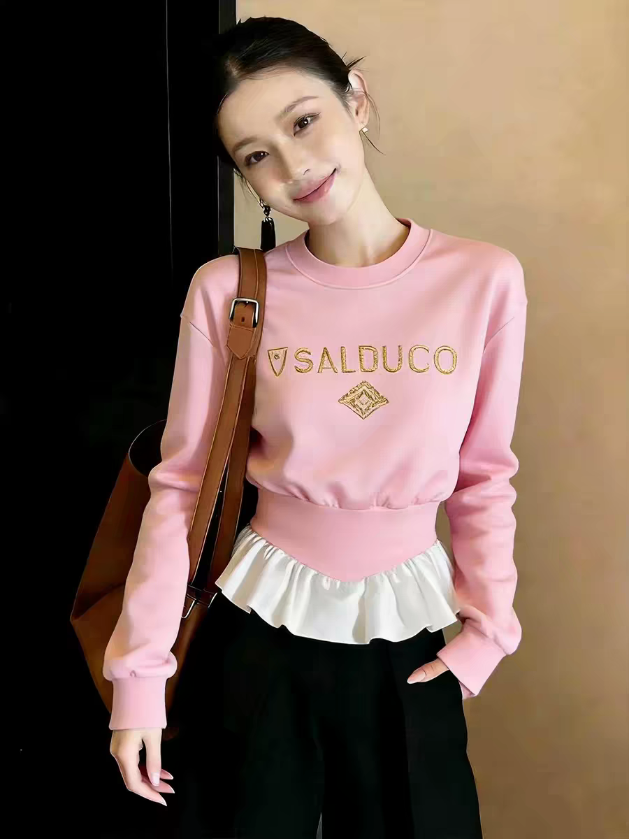 이른 봄 작은 키 프릴 페이크 레이어드 배색 허리 수축 후드티 여성 디자인 센스 작은 대중 자이언트 잘 생긴 긴팔 맨위
