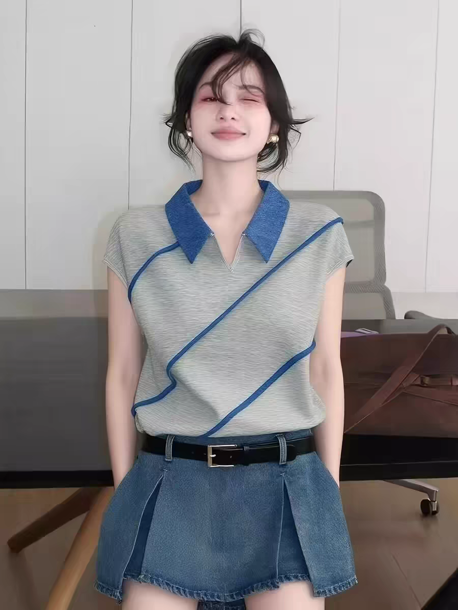 선전 남쪽 기름 고급 여성 의류 여름 달콤한 핫걸 배색 폴로 칼라 반팔 티셔츠 여성 몸매 가꾸기 슬림해 보이는 아름다운 맨위