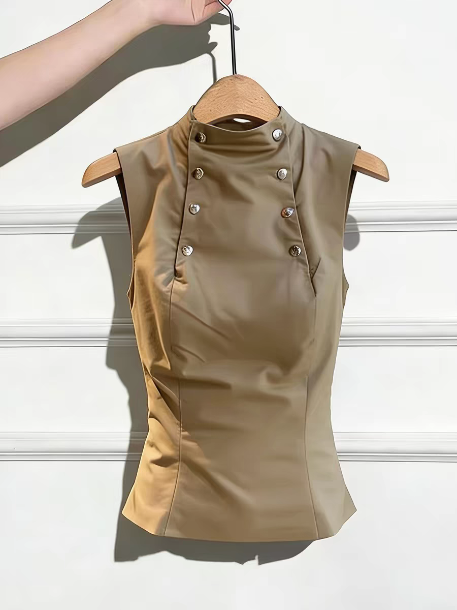 여름 새로운 아메리칸 디자인 센스 카키 색 베스트 조끼 여성 고유 한 Chic 자이언트 잘 생긴 꼬집기 허리 조끼 맨위