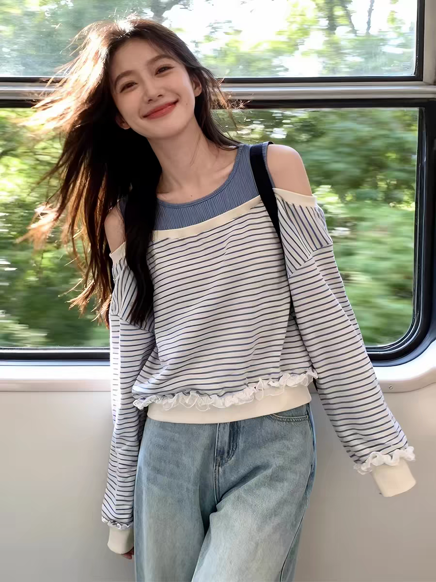 봄 고유 한 핫걸 chic 파란색 스트라이프 긴팔 티셔츠 여성 디자인 센스 루즈핏 슬림해 보이는 오프숄더 아름다운 맨위