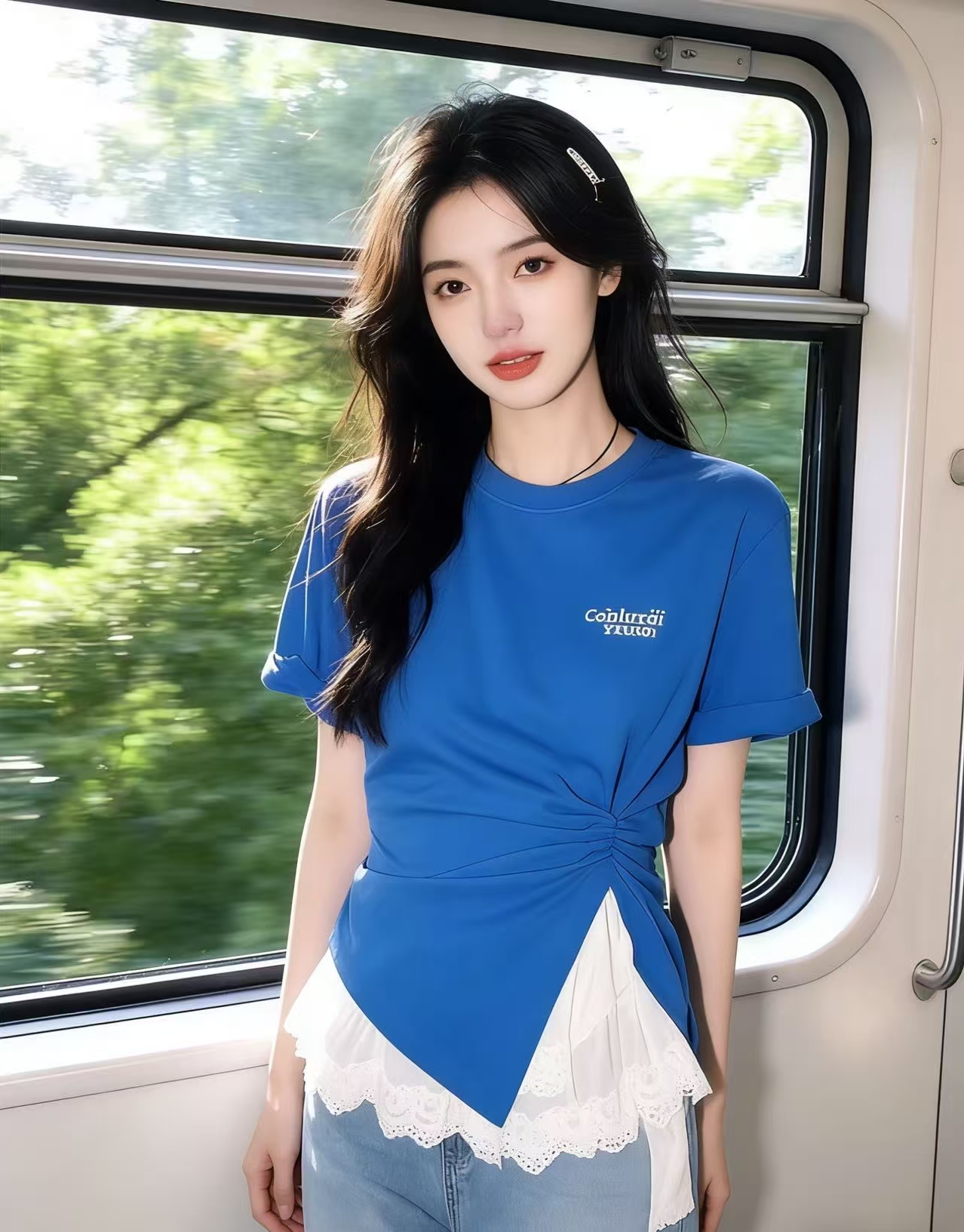 파란색 반팔 티셔츠 여자 2026 새로운 여름 폭발 불규칙 고유 한 레이스 조각 페이크 레이어드 맨위