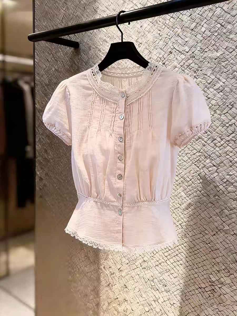 달콤한 스타일 거품 소매 레이스 레이스 여성 셔츠 여름 새로운 한 부서 작은 대중 Chic 싱글 줄 버튼 허리 수축 맨위
