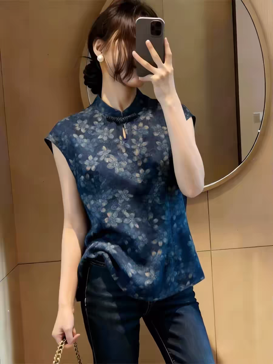 새로운 중식 단추 꽃무늬 스탠드 칼라 반팔 여성 셔츠 여름 루즈핏 디자인 센스 작은 대중 고급 센스 품격 맨위