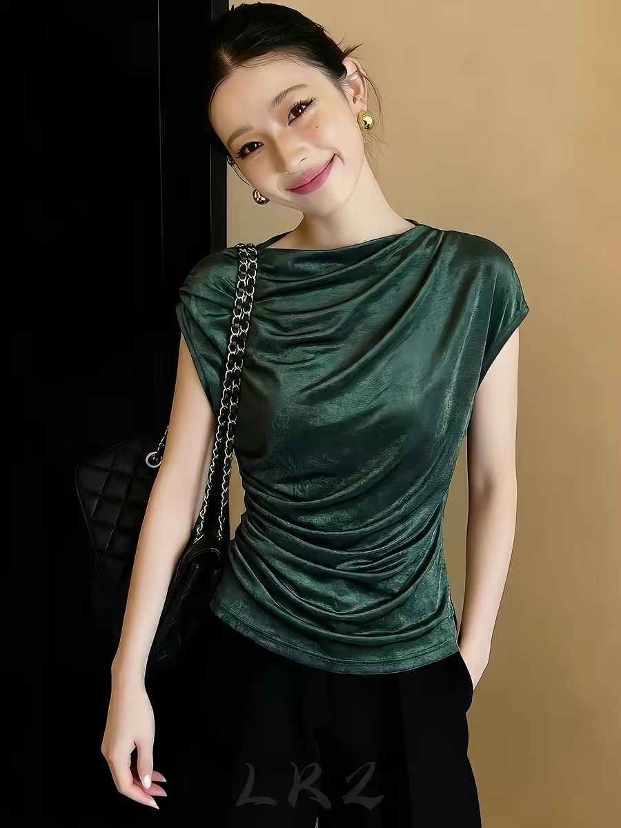 고급 센스 주름 디자인 보트 칼라 반팔 맨위 여성 여름 작은 대중 Chic 녹색 몸매 가꾸기 슬림해 보이는 품격 티셔츠