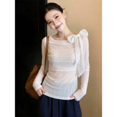 批发氛围感白色波点<b class='q'>长袖</b><b class='q'>T</b><b class='q'>恤</b>女2026新款夏季漂亮上衣韩系炸街网纱罩衫