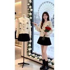 批发韩系chic彩点针织开衫女秋冬季小香风蝴蝶结毛衣外套半身裙两件套