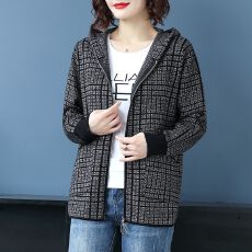 批发连帽大码卫衣千鸟格子宽松百搭<b class='q'>妈妈</b>装时尚减龄洋气针织开衫外套女