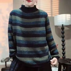 批发文艺复古长袖毛衣女<b class='q'>中老年</b><b class='q'>妈妈</b>装百搭半高领套头条纹针织宽松内搭