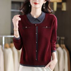 批发时尚秋冬装针织拼接假两件女翻领套头毛衣打底衫短款宽松内搭上衣