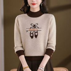 批发秋冬新款半高领芭蕾鞋刺绣针织衫短款内搭外穿打底<b class='q'>上衣</b>撞色毛衣女