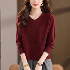 批发<b class='q'>春</b>秋新款V领宽松针织毛衣女气质显瘦时尚内搭短款长袖打底衫上衣
