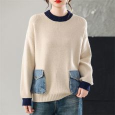 批发秋冬新款时尚毛衣针织衫撞色长袖宽松显瘦女装拼接圆领<b class='q'>打底衫</b>上衣