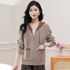 批发新款连帽拉链开衫外套时尚中年妈妈减龄毛衣宽松高档针织针织衫